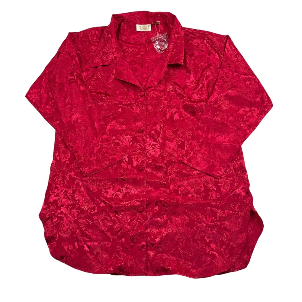 Victoria's Secret Pajama Top Womens P/S Red Jacquard Floral Button Up Vintage - Picture 2 of 10